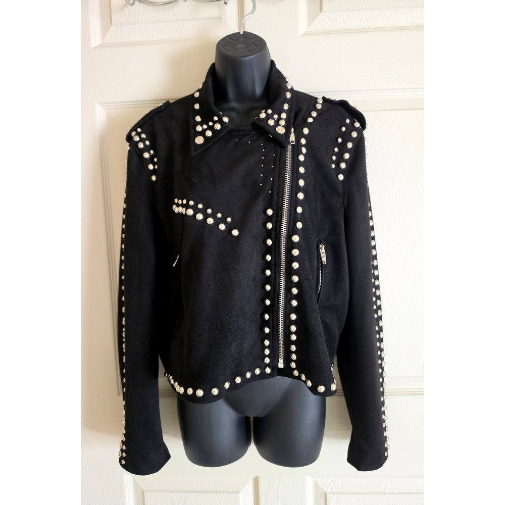Buddy Love Black Studded Suede Moto Jacket – Women's Edgy Biker Style Size L - Picture 10 of 16